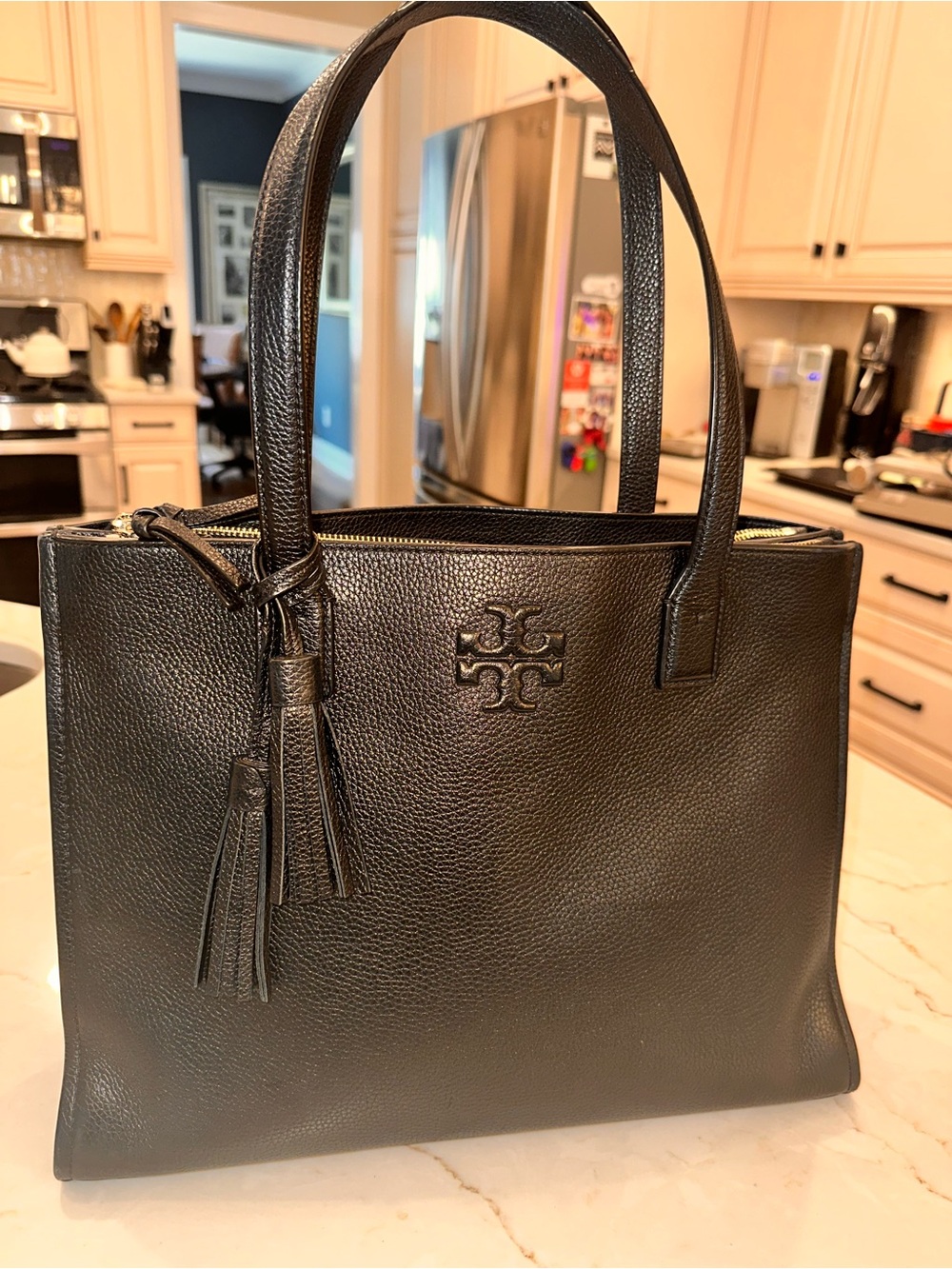 Tory Burch Black Pebbled Leather Tote with Tassel Charm